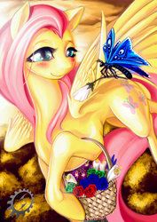 Size: 1024x1448 | Tagged: safe, artist:blackrunewarlock, fluttershy, butterfly, pegasus, pony, g4, basket, female, flower, solo