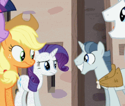 Size: 395x335 | Tagged: safe, screencap, applejack, double diamond, party favor, rarity, twilight sparkle, alicorn, earth pony, pony, unicorn, g4, the cutie map, animated, female, frown, grin, gritted teeth, male, mare, nervous, shifty eyes, smiling, squee, stallion, stare, talking, twilight sparkle (alicorn), uncomfortable