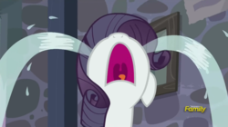 Size: 1355x761 | Tagged: safe, screencap, rarity, pony, g4, the cutie map, crying, female, indoctrination hut, mare, marshmelodrama, mawshot, nose in the air, ocular gushers, open mouth, solo, uvula, volumetric mouth