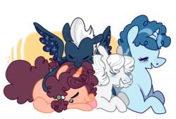 Size: 1280x868 | Tagged: safe, artist:pizzakladd, double diamond, night glider, party favor, sugar belle, earth pony, pegasus, pony, unicorn, g4, the cutie map, blushing, cuddle puddle, cuddling, cute, double dawwmond, equal four, eyes closed, favorbetes, female, glideabetes, group, male, mare, pony pile, prone, quartet, sleeping, smiling, snuggling, stallion, sugarbetes