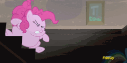 Size: 1013x507 | Tagged: safe, screencap, pinkie pie, rainbow dash, earth pony, pony, g4, the cutie map, animated, discovery family, discovery family logo, fat, female, it keeps happening, mare, stairs, winnie the pink