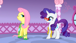 Size: 1366x768 | Tagged: safe, screencap, fluttershy, rarity, g4, season 1, suited for success