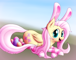 Size: 2300x1800 | Tagged: safe, artist:smokedpone, fluttershy, g4, bunny ears, bunnyshy, clothes, cute, easter, easter egg, egg, looking at you, open mouth, shyabetes, socks, striped socks, stupid sexy fluttershy, wide eyes