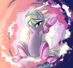 Size: 2100x1938 | Tagged: safe, artist:january3rd, cloudchaser, pony, g4, armpits, belly button, clothes, cutechaser, female, morning ponies, sitting, socks, solo, stretching, striped socks, underhoof, wink