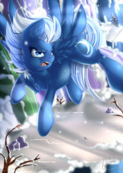 Size: 918x1300 | Tagged: safe, artist:knifeh, night glider, pegasus, pony, g4, my little pony: friendship is magic, the cutie map, chest fluff, ear fluff, female, flying, mare, snow, solo, winter