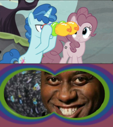 Size: 1920x2160 | Tagged: safe, screencap, party favor, pinkie pie, g4, my little pony: friendship is magic, the cutie map, ainsley harriott, binoculars, exploitable meme, meme