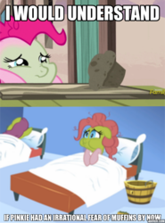 Size: 567x768 | Tagged: safe, edit, edited screencap, screencap, cherry punch, pinkie pie, earth pony, pony, applebuck season, g4, the cutie map, baked bads, bed, caption, female, green face, mare, meme, muffin, nauseous, pillow, sick, winnie the pink