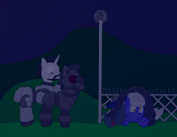 Size: 819x636 | Tagged: safe, artist:minty candy, oc, oc only, oc:crash dive, oc:night strike, oc:scouring charge, oc:static charge, earth pony, pegasus, pony, unicorn, fallout equestria, fallout equestria: empty quiver, armor, barbed wire, concussion, enclave, enclave armor, facehoof, fence, grand pegasus enclave, hill, night, pile, power armor, steel ranger, story