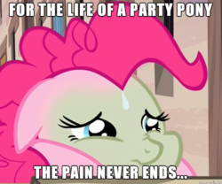Size: 610x508 | Tagged: safe, edit, edited screencap, screencap, pinkie pie, earth pony, pony, g4, the cutie map, cropped, female, green face, image macro, mare, meme, nauseous, sweat, sweatdrop, text, winnie the pink
