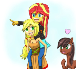 Size: 1303x1194 | Tagged: safe, artist:jumboz95, applejack, lonestar, sunset shimmer, equestria girls, friendship through the ages, g4, :d, ambiguous gender, cleavage, country applejack, cute, female, heart, human female, humans riding humans, lesbian, piggyback ride, ponified, riding, ship:appleshimmer, shipping, sleeveless, sunset shimmer riding applejack
