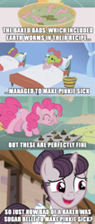 Size: 850x2000 | Tagged: safe, edit, edited screencap, screencap, applejack, cherry punch, pinkie pie, sugar belle, earth pony, earthworm, pony, unicorn, worm, applebuck season, call of the cutie, g4, the cutie map, baked bads, bowl, eating, equalized mane, eyes closed, female, green face, image macro, mare, meme, sick