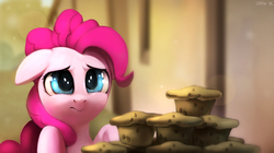 Size: 1725x965 | Tagged: safe, artist:imalou, pinkie pie, earth pony, pony, g4, the cutie map, :s, female, floppy ears, frown, muffin, painting, sad, scene interpretation, solo, wavy mouth