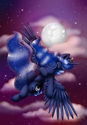 Size: 1024x1469 | Tagged: safe, artist:theluminescence, princess luna, g4, belly button, crying, female, flying, mare in the moon, moon, regret, solo, spread wings