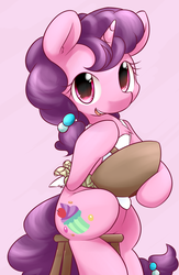Size: 1250x1920 | Tagged: safe, artist:dshou, sugar belle, pony, unicorn, g4, the cutie map, apron, bowl, clothes, cute, female, happy, looking at you, mare, mixing bowl, open mouth, solo, stool, sugarbetes