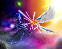 Size: 4700x3700 | Tagged: safe, artist:artention, princess celestia, princess luna, g4, absurd resolution, confrontation, fight, glowing horn, horn, large wings, magic, moon, space, spread wings