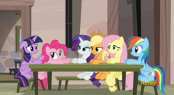 Size: 1280x700 | Tagged: safe, screencap, applejack, fluttershy, pinkie pie, rainbow dash, rarity, twilight sparkle, alicorn, pony, g4, the cutie map, bench, female, mane six, mare, sitting, table, twilight sparkle (alicorn)