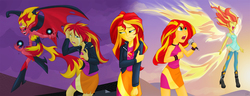 Size: 2299x885 | Tagged: safe, artist:didj, sunset shimmer, equestria girls, g4, my little pony equestria girls: rainbow rocks, my past is not today, clothes, crown, crying, eyes closed, fangs, flying, jacket, jewelry, leather jacket, microphone, multeity, one eye closed, open mouth, regalia, singing, sunset phoenix, sunset satan