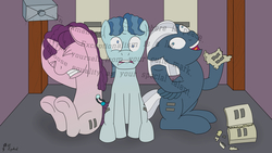 Size: 7680x4320 | Tagged: safe, artist:mkogwheel, night glider, party favor, sugar belle, pegasus, pony, unicorn, g4, the cutie map, absurd resolution, angry, brainwashing, derp, egalitarianism, equal cutie mark, equalized, female, i didn't listen, insanity, male, mare, meme, psychological torture, stallion