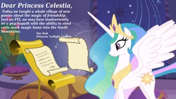 Size: 1366x768 | Tagged: safe, princess celestia, alicorn, pony, g4, the cutie map, dear princess celestia, female, implied starlight glimmer, letter, solo