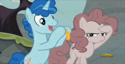 Size: 625x320 | Tagged: safe, screencap, party favor, pinkie pie, earth pony, pony, unicorn, g4, the cutie map, animated, balloon, balloon binoculars, blowing up balloons, discovery family logo, i see what you did there, image macro, male, meme, reaction image, stallion, von snootingham