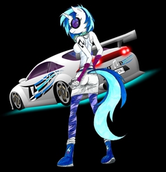 Size: 1450x1500 | Tagged: safe, artist:gonein10seconds, dj pon-3, vinyl scratch, anthro, g4, alternative cutie mark placement, boost, car, clothes, equestria girls outfit, female, looking back, mitsubishi, mitsubishi eclipse, neon, simple background, solo
