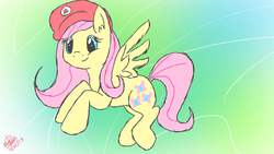 Size: 1600x900 | Tagged: safe, fluttershy, g4, female, hat, solo, super mario bros.