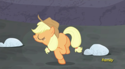 Size: 1077x599 | Tagged: safe, screencap, applejack, g4, the cutie map, animation error, applebutt, discovery family logo, great moments in animation, missing cutie mark