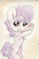 Size: 681x1032 | Tagged: safe, artist:slightlyshade, sugar belle, g4, the cutie map, cupcake, female, solo, traditional art