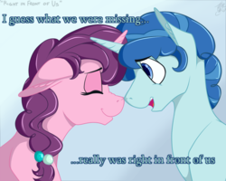 Size: 1024x819 | Tagged: dead source, safe, artist:tlatophat, party favor, sugar belle, pony, unicorn, the cutie map, blue background, eyes closed, female, floppy ears, male, mare, nuzzling, partybelle, shipping, simple background, stallion, straight