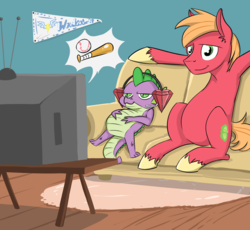 Size: 1300x1198 | Tagged: safe, artist:alskylark, big macintosh, spike, earth pony, pony, g4, the cutie map, baseball, bros, couch, drinking hat, hat, hoofball, male, stallion, television