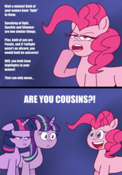 Size: 1400x2016 | Tagged: safe, artist:scobionicle99, pinkie pie, starlight glimmer, twilight sparkle, alicorn, pony, g4, the cutie map, comic, female, mare, similarities, twilight sparkle (alicorn), unamused