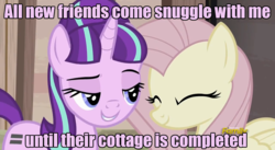 Size: 1280x700 | Tagged: safe, edit, edited screencap, screencap, fluttershy, starlight glimmer, g4, the cutie map, caption, discovery family logo, female, image macro, lesbian, meme, purple text, ship:glimmershy, shipping, snuggling
