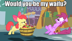 Size: 960x540 | Tagged: safe, edit, edited screencap, screencap, apple bloom, berry punch, berryshine, g4, image macro, meme, waifu