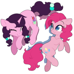 Size: 1280x1280 | Tagged: safe, artist:rue-willings, pinkie pie, sugar belle, earth pony, pony, unicorn, g4, the cutie map, colored pupils, cute, diapinkes, eye clipping through hair, female, floppy ears, looking at each other, mare, one eye closed, simple background, smiling, sugarbetes, transparent background, underhoof, wink