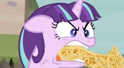 Size: 850x466 | Tagged: safe, screencap, starlight glimmer, g4, the cutie map, arms are heavy, cross-popping veins, female, image macro, knees weak, meme, mom's spaghetti, palms are sweaty, ragelight glimmer, she's nervous, solo, spaghetti, there's vomit on her sweater already