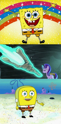 Size: 500x1016 | Tagged: source needed, safe, edited screencap, screencap, starlight glimmer, pony, unicorn, g4, the cutie map, comic, female, magic, male, mare, not normal, s5 starlight, screencap comic, sponge, spongebob squarepants, spongebob squarepants (character), staff, staff of sameness, telekinesis