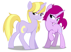 Size: 2921x2133 | Tagged: safe, artist:turrkoise, fuchsia blush, lavender lace, pony, unicorn, equestria girls, g4, my little pony equestria girls: rainbow rocks, background human, commission, duo, duo female, equestria girls ponified, female, high res, ponified, sassy, smirk