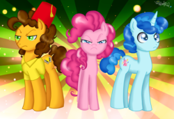 Size: 2051x1406 | Tagged: safe, artist:itiffanyblue, cheese sandwich, party favor, pinkie pie, earth pony, pony, unicorn, g4, the cutie map, determined, female, fez, hat, male, mare, party pony, party trio, serious face, stallion