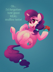 Size: 1500x2015 | Tagged: safe, artist:mellowhen, sugar belle, pony, unicorn, the cutie map, adorafatty, belly, big belly, crumbs, cute, fat, female, muffin, solo, sugar belly, sugarbetes, that pony sure does love cakes, that pony sure does love muffins, underhoof, weight gain