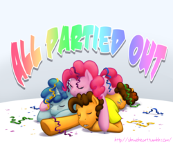 Size: 3000x2500 | Tagged: safe, artist:shrineheart, cheese sandwich, party favor, pinkie pie, earth pony, pony, unicorn, g4, the cutie map, confetti, cute, diacheeses, favorbetes, female, high res, male, mare, party pony, party trio, pony pile, sleeping, stallion, streamers