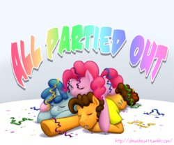 Size: 3000x2500 | Tagged: safe, artist:shrineheart, cheese sandwich, party favor, pinkie pie, earth pony, pony, unicorn, g4, the cutie map, confetti, cute, diacheeses, diapinkes, favorbetes, female, high res, male, mare, party pony, party trio, pony pile, sleeping, stallion, streamers