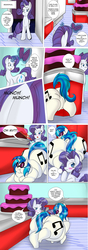 Size: 1754x4960 | Tagged: safe, artist:mad'n evil, dj pon-3, rarity, vinyl scratch, g4, blushing, butt, cake, chubby, chubby cheeks, comic, dj boot-3, double chin, fat, impossibly large butt, jiggle, kitchen, mad pony - an expansive comic, magic, obese, plot