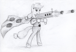Size: 1130x767 | Tagged: safe, artist:magfen, applejack, earth pony, pony, g4, apple, bipedal, cape, clothes, female, solo, superhero, traditional art, weapon
