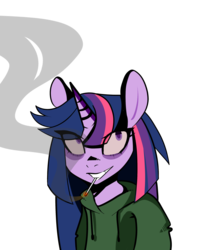 Size: 1280x1535 | Tagged: safe, artist:catzino, twilight sparkle, g4, bags under eyes, cigarette, clothes, female, hoodie, simple background, smoking, solo, transparent background