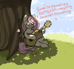 Size: 1280x1186 | Tagged: safe, artist:catzino, fluttershy, g4, cute, female, guitar, heart, lyrics, shadow, singing, solo, tree