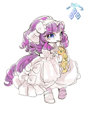 Size: 800x1066 | Tagged: safe, artist:wan, applejack, rarity, g4, alternate hairstyle, clothes, dress, female, lesbian, lolita fashion, plushie, ship:rarijack, shipping, shiro lolita, solo