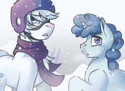 Size: 1280x931 | Tagged: dead source, safe, artist:whitepone, double diamond, party favor, earth pony, pony, unicorn, g4, the cutie map, clothes, duo, male, scarf, skiing helmet, snow, snowfall, stallion
