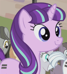 Size: 300x331 | Tagged: safe, screencap, double diamond, starlight glimmer, pony, unicorn, g4, season 5, the cutie map, animated, cult, cute, equal cutie mark, female, gif, glimmerbetes, head tilt, male, mare, offscreen character, outdoors, s5 starlight, smiling, stallion, weapons-grade cute, when she smiles