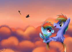 Size: 2638x1896 | Tagged: safe, artist:hilis, rainbow blaze, rainbow dash, pegasus, pony, g4, cloud, cloudy, father and daughter, filly, filly rainbow dash, flying, sky, sunset, wonderbolts