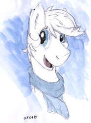 Size: 1232x1656 | Tagged: safe, artist:a2, double diamond, earth pony, pony, g4, the cutie map, clothes, male, scarf, solo, stallion, traditional art, watercolor painting